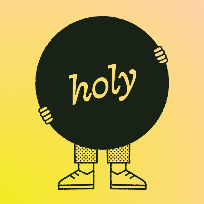 Illustration of a character holding a circle with Holy Studio logo