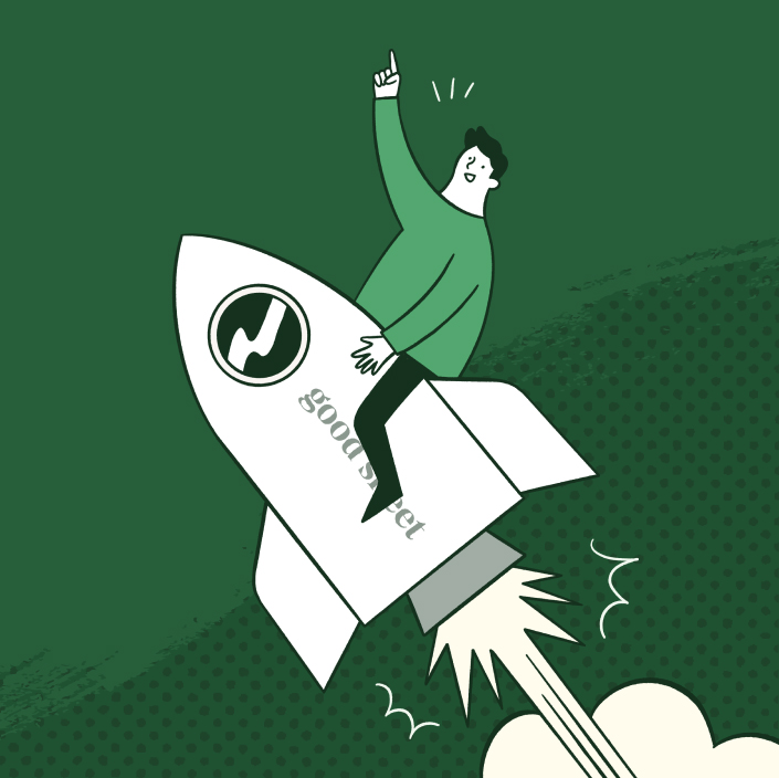 Illustration of a character from Good Sheet app who is sitting on a flying rocket